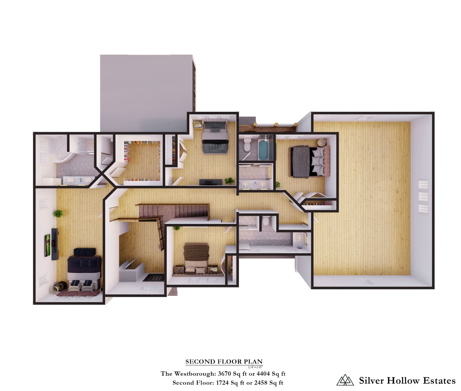 3D Floor Plan Render of a Single Family House Floor Level 2